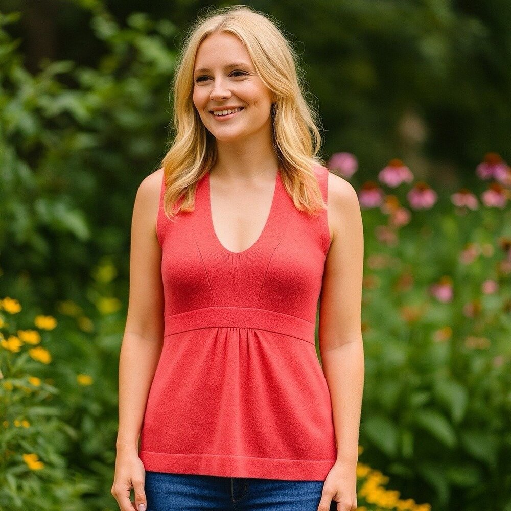 Y2K J. Crew Celeste 100% Cashmere Coral Color‎ Babydoll Tank Old Money Luxury M